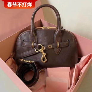 植鞣牛皮贝壳包真皮波士顿保龄球手提包2025新款高级感单肩斜挎包