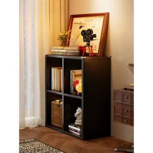 中古黑色四格柜卡莱克格子柜矮柜收纳柜书架落地置物架实木小柜子