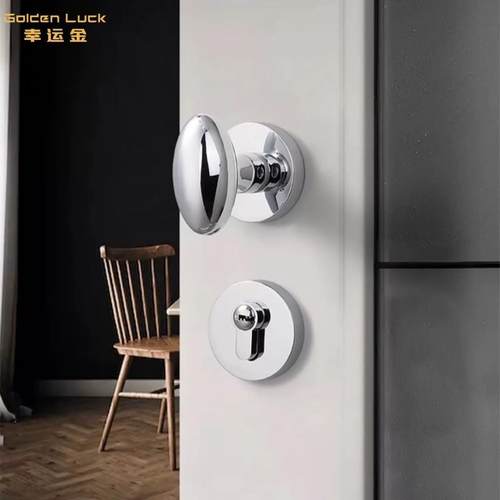 亮银色金色两件式鸭蛋锁简约静音磁吸室内门把手圆形双门实木门锁