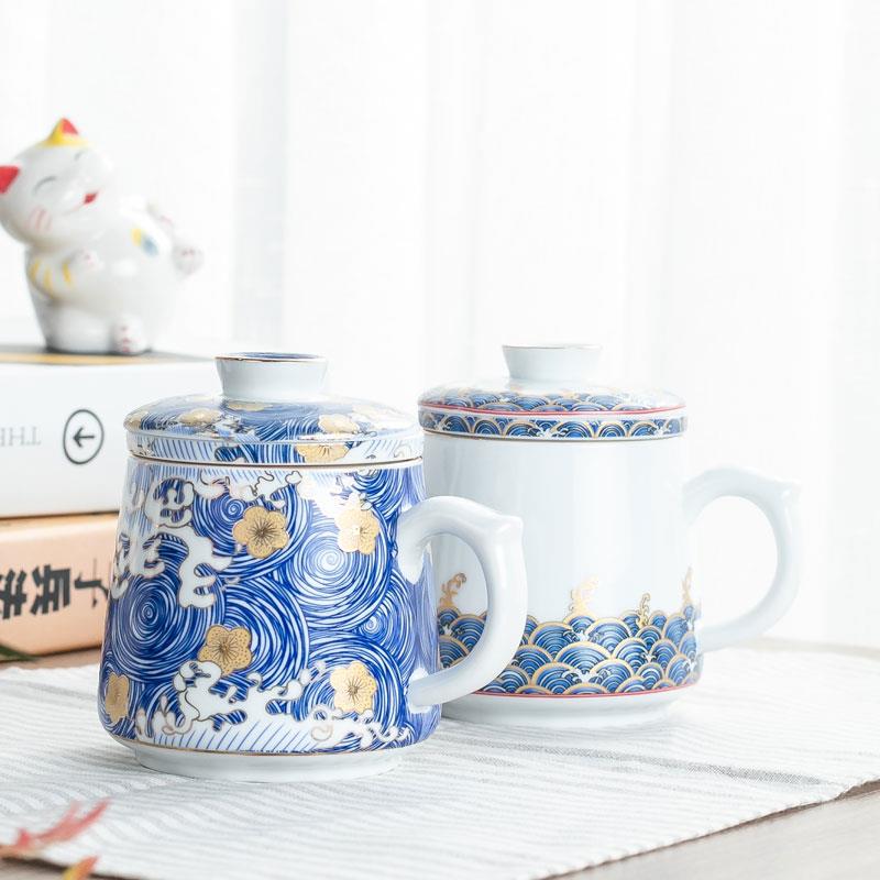 珐瑯彩描金陶瓷办公杯家用带盖子过滤个人马克杯茶水分离泡茶水杯