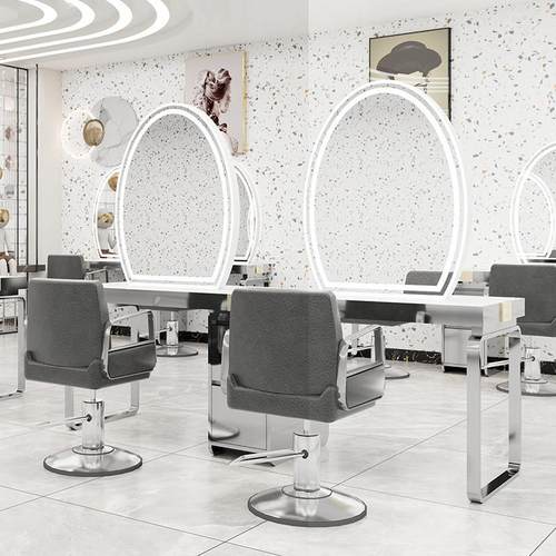 网红美发店烫染镜台发廊专用不锈钢带柜美发镜理发店带灯双面镜子