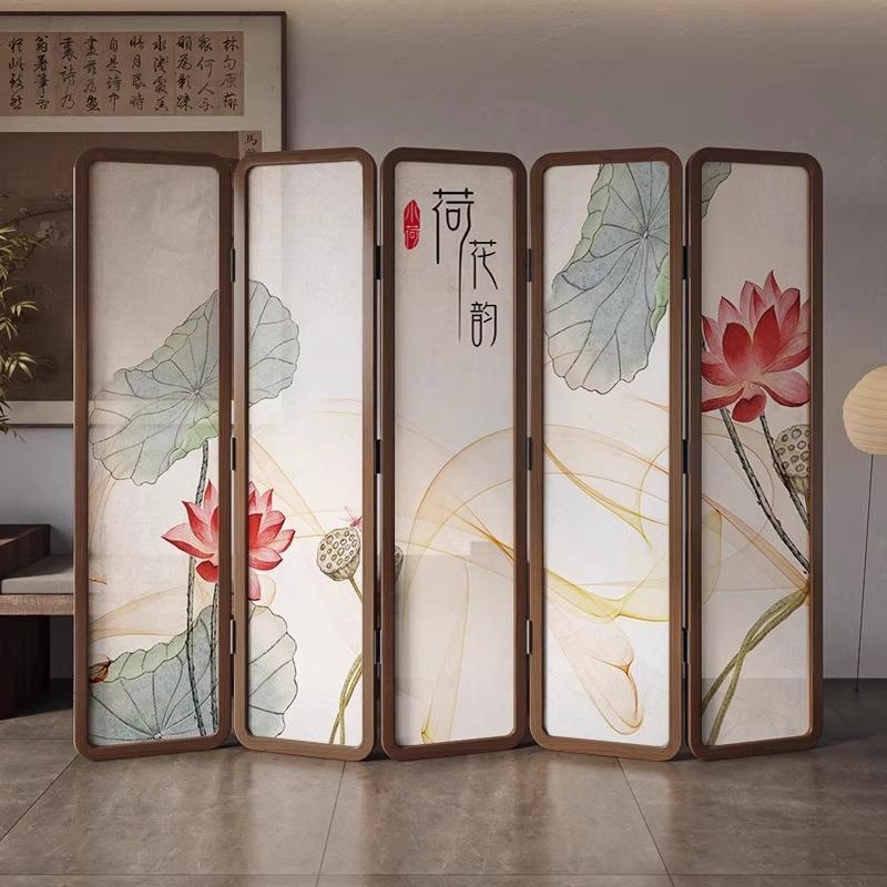荷花韵新中式屏风隔断客厅遮挡茶室沙发可折叠移动竹子折屏
