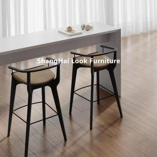 北欧现代实木吧台椅不锈钢家用高脚凳设计师款 布艺极简前台吧台凳