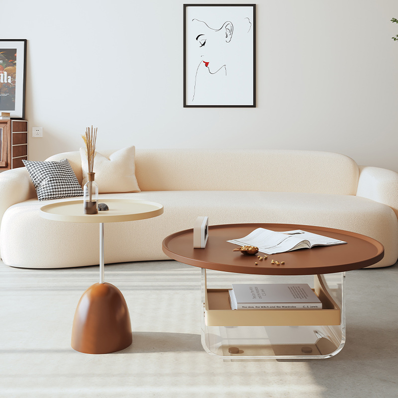 茶几客厅家用简约现代小户型法式奶油风创意亚克力圆形茶几小桌子