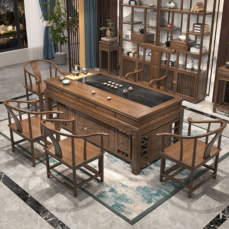 乌金石茶桌椅组合新中式实木功夫茶台榆木办公桌家用阳台茶几茶具