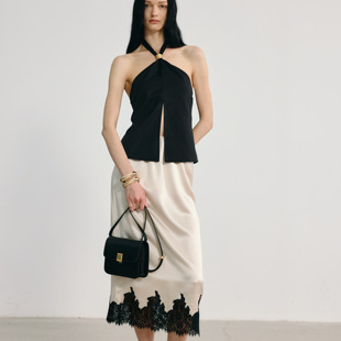 KotWai Ngai绣花拼接蕾丝日本进口三醋酸缎面高级香槟色女半身裙