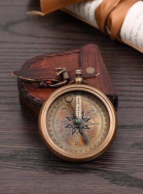 欧式覆古黄铜指南针进口怀旧便携式指北针迷你望远镜书房软装摆件
