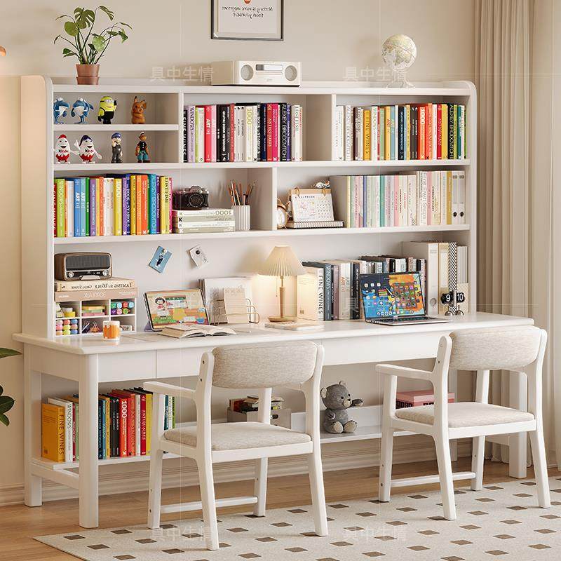 实木家用简约书桌书架一体组合台式电脑桌多功能双人写字桌办公桌
