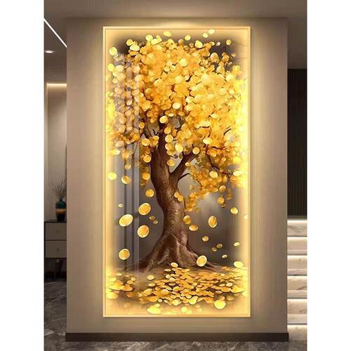 发财树led带灯轻奢入户玄关装饰画简约现代挂画壁画过道高级感