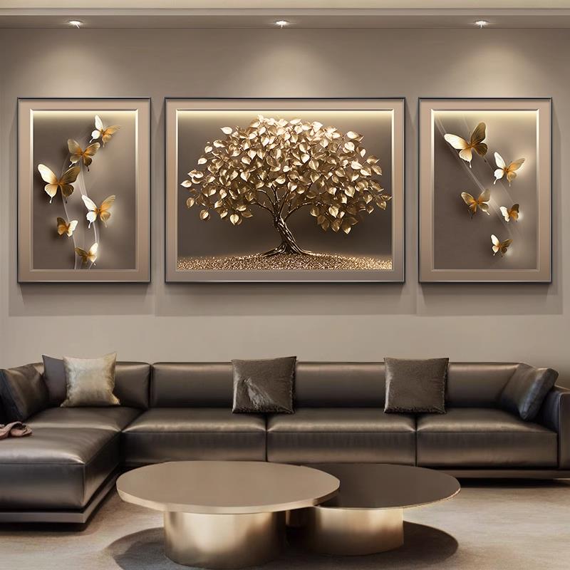 现代轻奢客厅装饰画发财树大气沙发背景墙挂画蝴蝶高级感三联壁画
