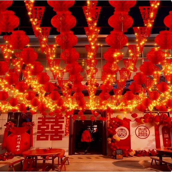 农村结婚院子装饰喜字灯笼场景布置彩旗男女方自建房庭院婚礼全套