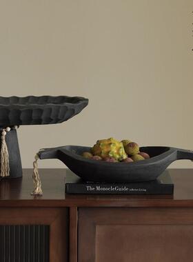 栗石侘寂中古实木托盘黑色果盘摆件客厅餐厅桌面高级感艺术高足盘