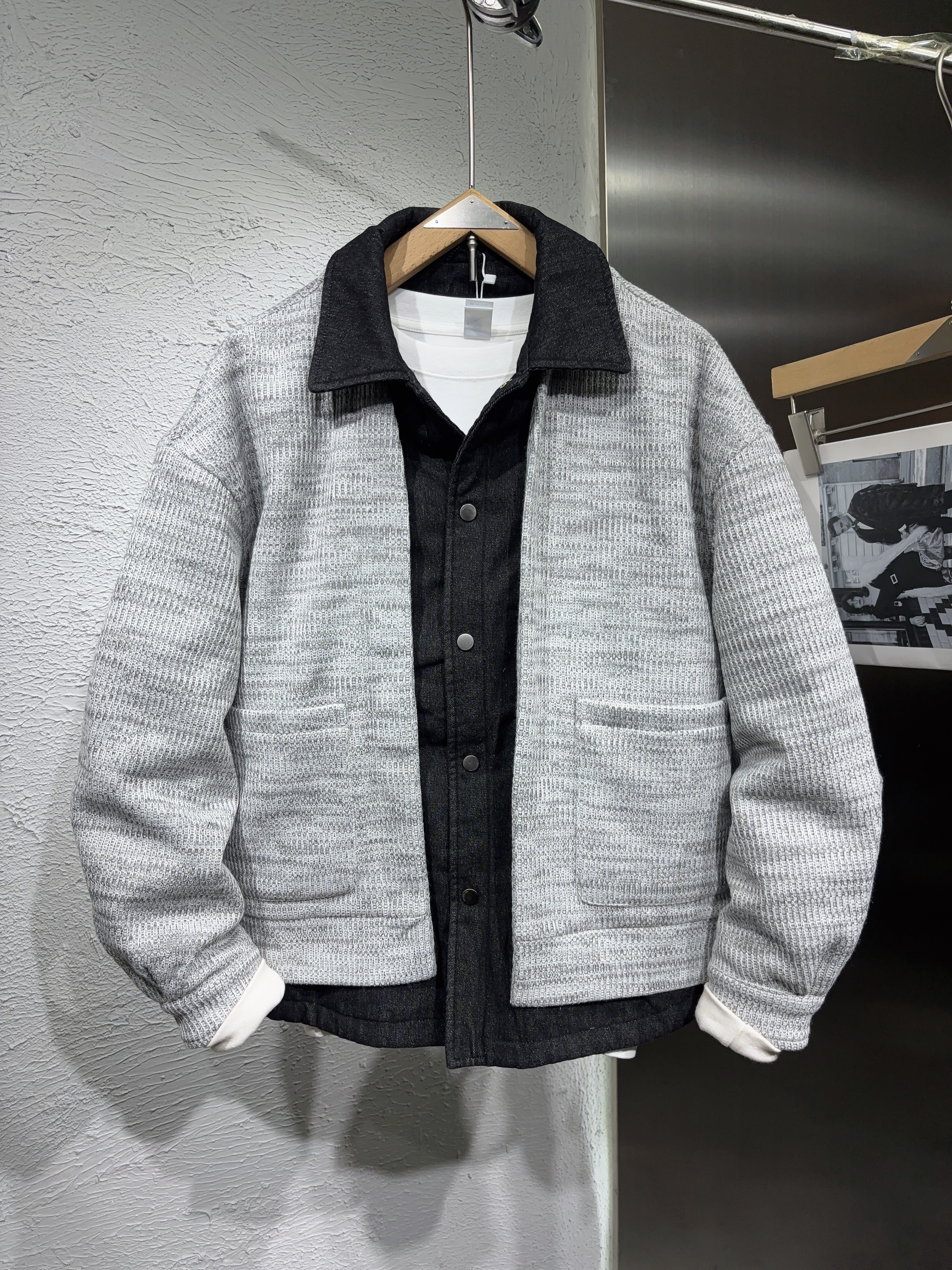 2025新款冬季撞色90国标白鸭绒羽绒服男针织拼接翻领外套宽松上衣