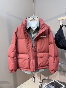 冬季假两件羽绒服男西瓜红色加厚外套白鸭绒拼接牛仔上衣情侣款潮