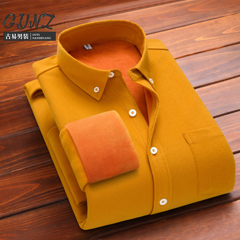 冬季爆款保暖灯芯绒衬衫男士长袖内搭休闲修身打底衫加厚加绒衬衣