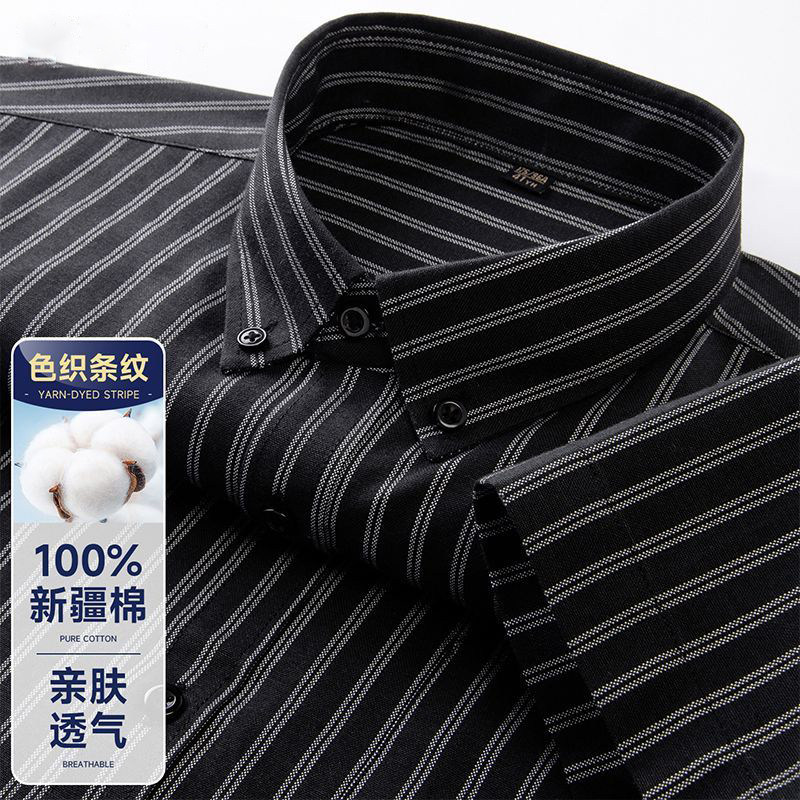 夏季100%纯棉牛津纺衬衫男士短袖商务休闲亲肤透气条纹全棉衬衣寸