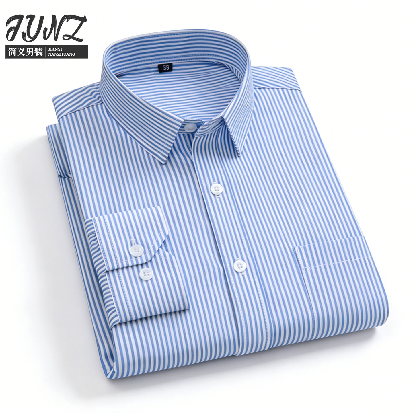 春秋款条纹衬衫男长袖方领商务休闲免烫抗皱涤棉衬衣上衣外穿寸衫