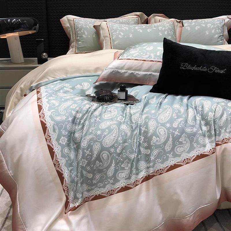 1欧式印花高级感裸睡床单被套120支天丝棉四件套印花复古床上用品