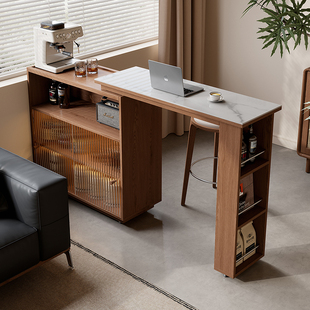 实木吧台桌子家用阳台休闲 小户型可伸缩隔断岩板长条桌极窄小岛