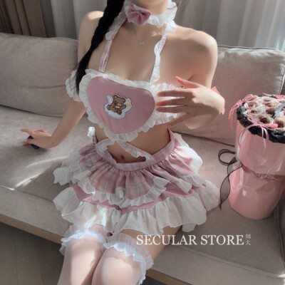 草莓小蛋糕 女仆服cos爱心肚兜连衣裙后开衩绑带qqny女仆肚兜制服