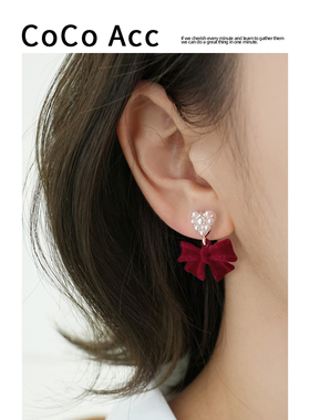 COCO秋冬款爱心珍珠红色蝴蝶结耳环女蚊香盘耳夹无耳洞气质耳饰潮