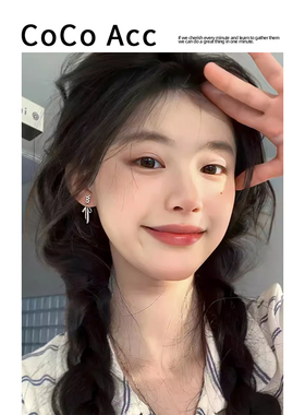COCO白色丝带蝴蝶结耳钉女2024新款高级感后挂式耳饰无耳洞耳夹
