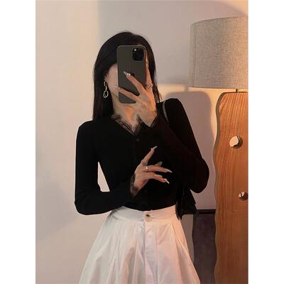 黑色v领上衣蕾丝针织衫女