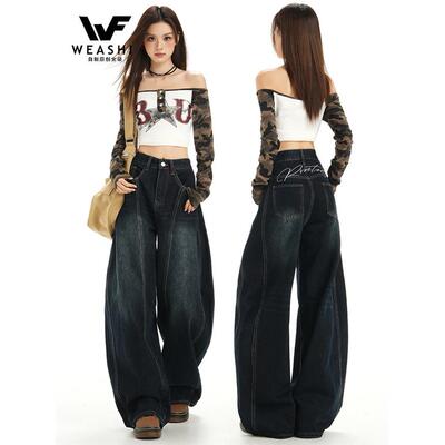 美式覆古高街阔腿牛仔裤
