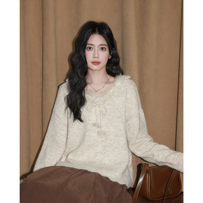 燕麦色V领毛衣女秋冬2026