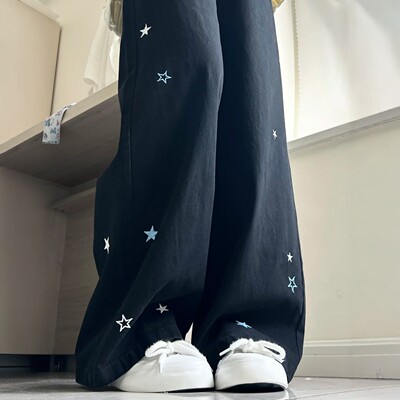 黑色星星刺绣阔腿牛仔裤