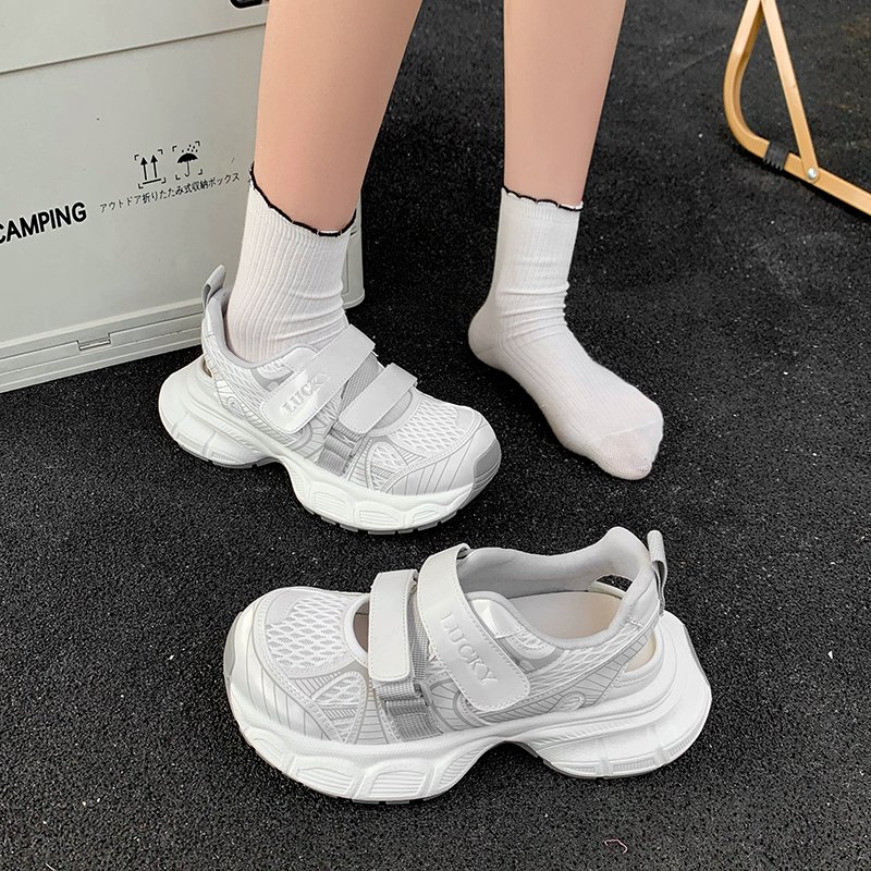 网红爆款运动凉鞋女2025夏季新款洞洞鞋镂空透气魔术贴厚底增高薄