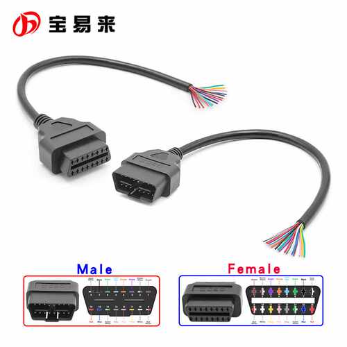 30CM16色OBD2彩色公母头开口线
