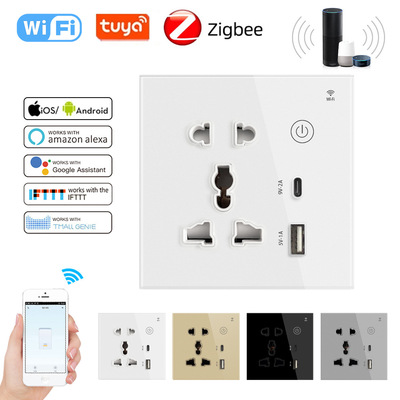 外贸涂鸦Wifi智能插座86型多五孔type-c+USB快充远程语音Zigbee