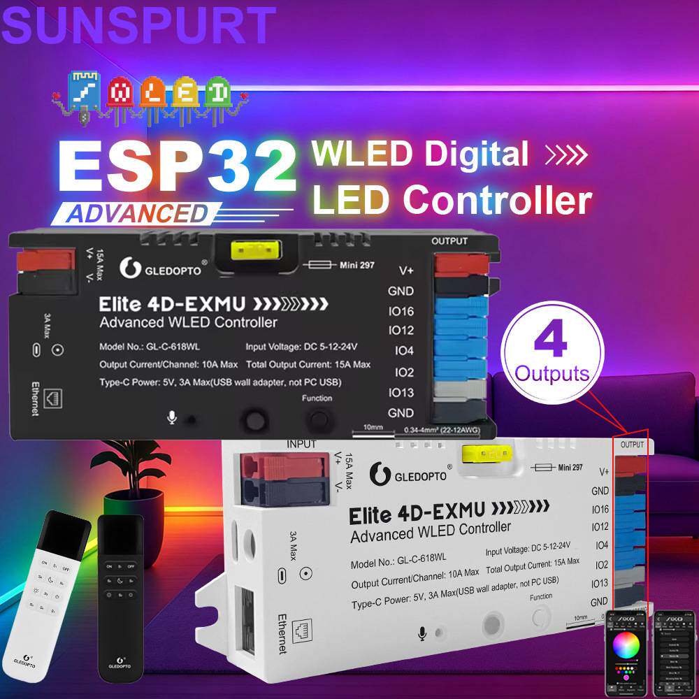 GLEDOPTO4路输出ESP32WLED幻彩灯带控制器带以太网麦克风下载口