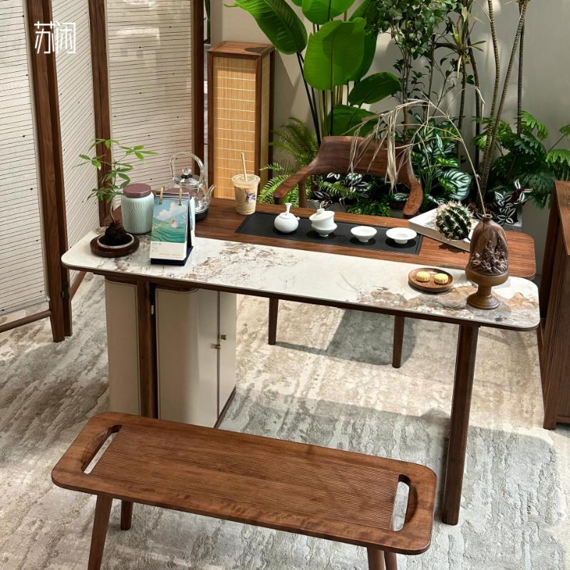 苏闲新中式阳台茶桌实木小茶台茶盘一体简约现代黑胡桃木家用茶桌