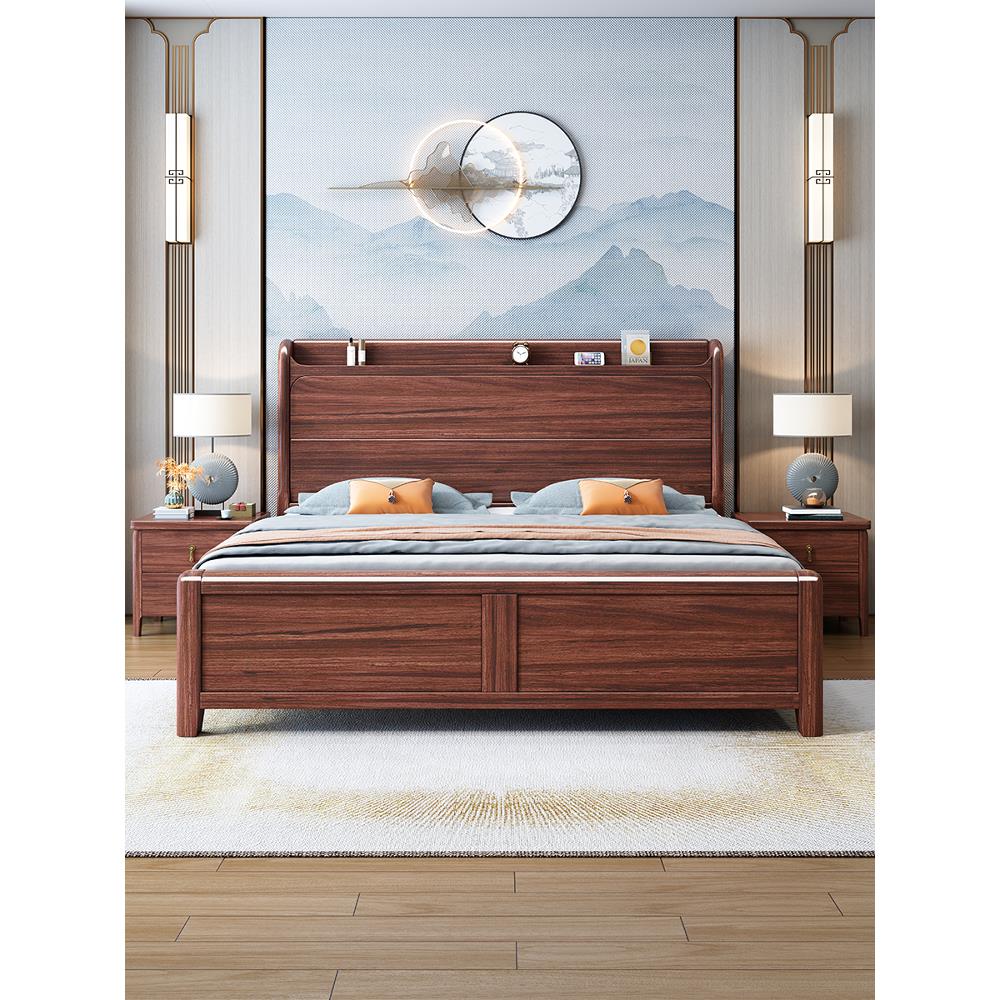 新中国风乌木实木床1.8米双人床1.5米储物柜现代中国风主卧硬背床