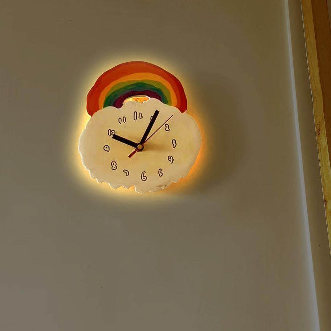 文艺小清新彩虹静音挂钟表云朵高颜值多巴胺配色遥控发光装饰时钟