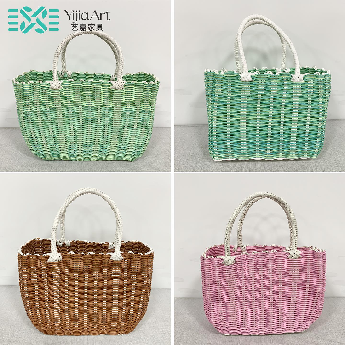 手工彷藤编手提篮采摘野餐家用塑料编织花篮买 水果菜篮子购物篮