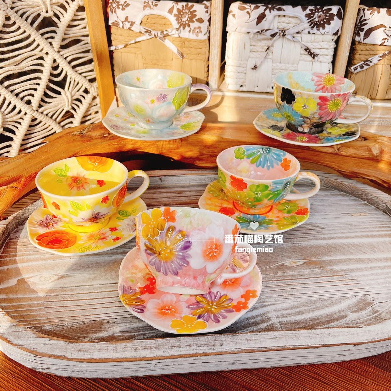 F18濑户烧新款黑色满花咖啡杯套装覆古一杯一碟陶瓷釉下彩手绘杯