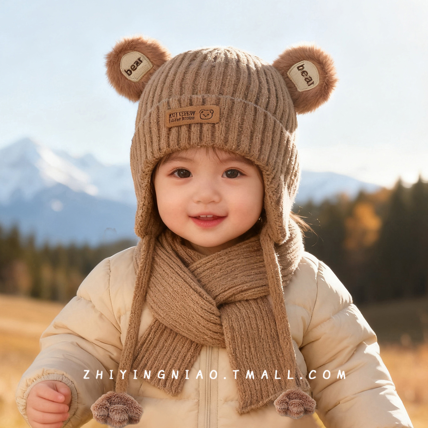 婴儿帽子秋冬季毛线帽围巾套装可爱超萌男宝宝加厚保暖外出针织帽