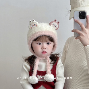 宝宝帽子秋冬季毛绒帽婴儿可爱超萌甜美加厚保暖女宝宝针织护耳帽