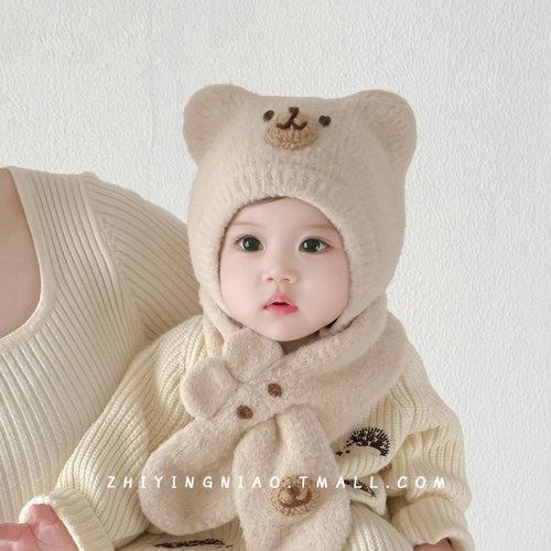 婴儿围巾帽子套装可爱超萌护耳帽