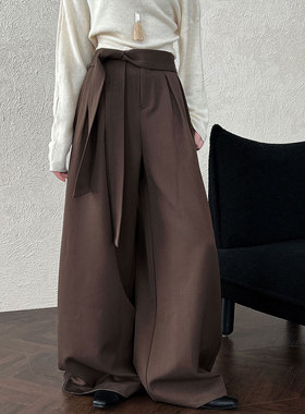 鹿西 复古设计感绑带立体褶皱阔腿裤女秋季新款休闲直筒长裤1708