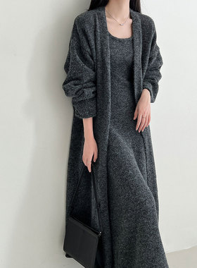 软糯羊毛连衣裙+中长款针织开衫毛衣外套秋冬厚实长裙套装ss846