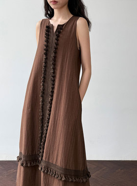 鹿西 韩系流苏拼接慵懒风V领连衣裙夏季新款收腰减龄背心裙9758