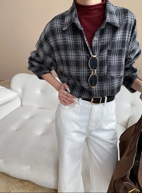 司南 慵懒松弛感 美式复古撞色格纹翻领宽松显瘦长袖衬衫 SN8182