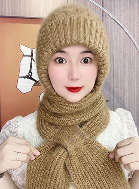 加绒加厚女士帽子冬季保暖帽子围巾一体女冬天松鼠绒风雪帽网红款