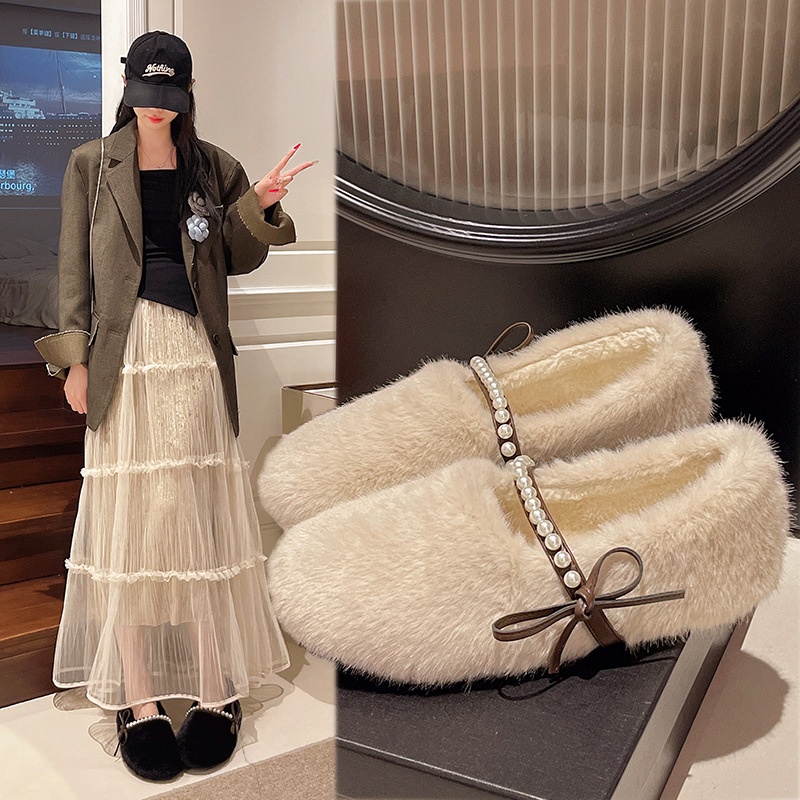 法式珍珠蝴蝶结毛毛鞋女冬外穿2025新款仙女风加绒豆豆鞋保暖棉鞋