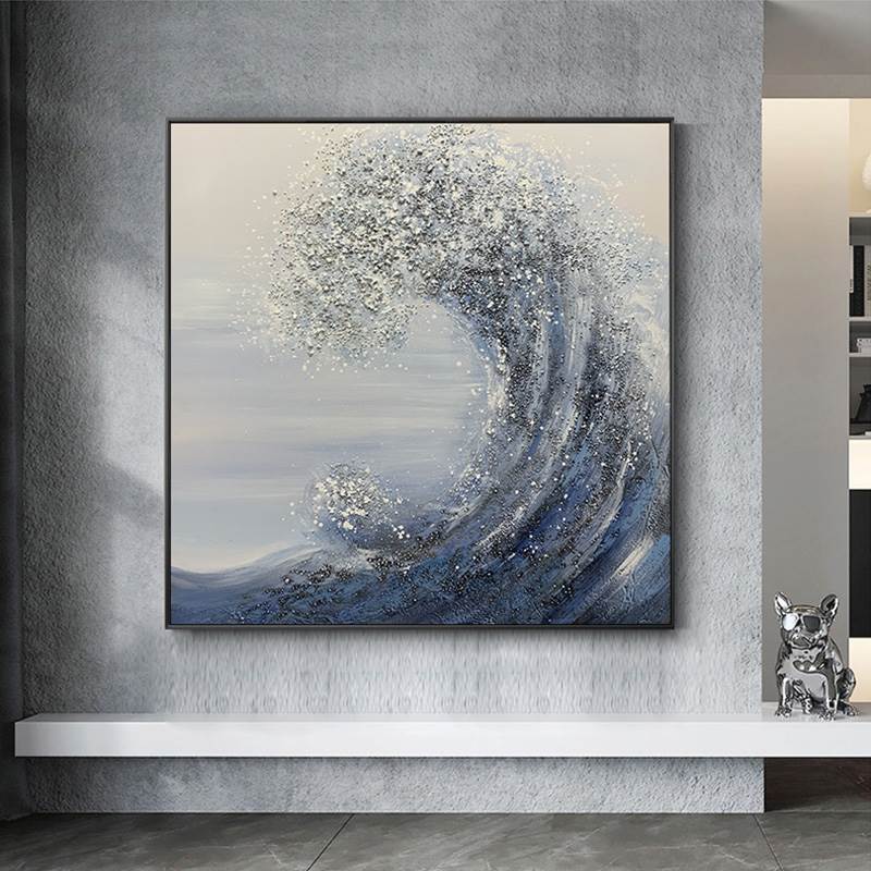 纯手绘油画艺术灰色海浪挂画冷色系装饰画玄幻过道壁画样板房大气