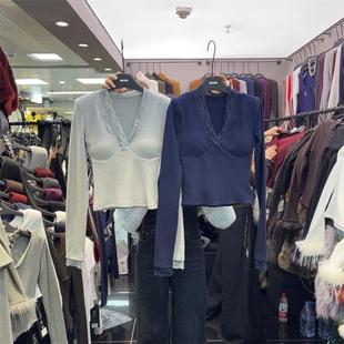 十三行现货2025秋冬韩版 小众V领蕾丝设计显瘦磨毛上衣女S7891W110